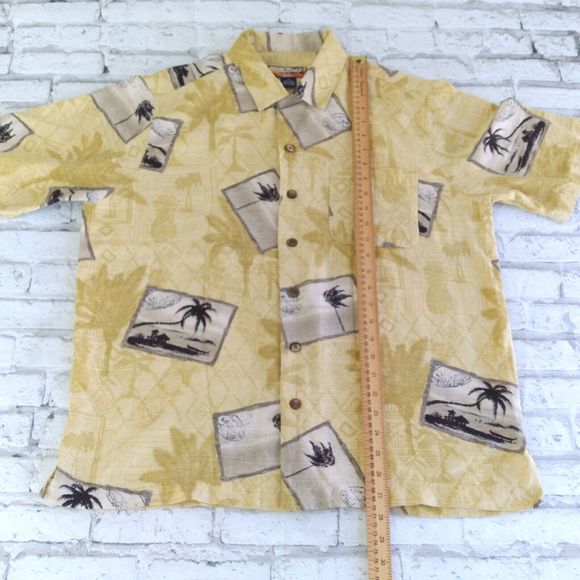 Havana Jacks Cafe Shirt Mens Medium Yellow Floral Silk Hawaiian Postcard Camp - Picture 5 of 9